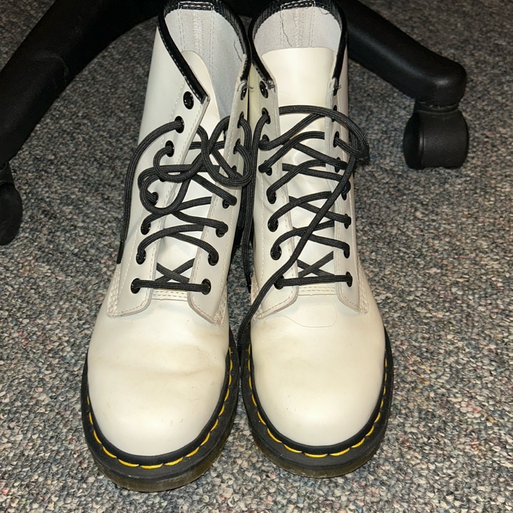 White Lace-Up Combat Boots with Black Trim